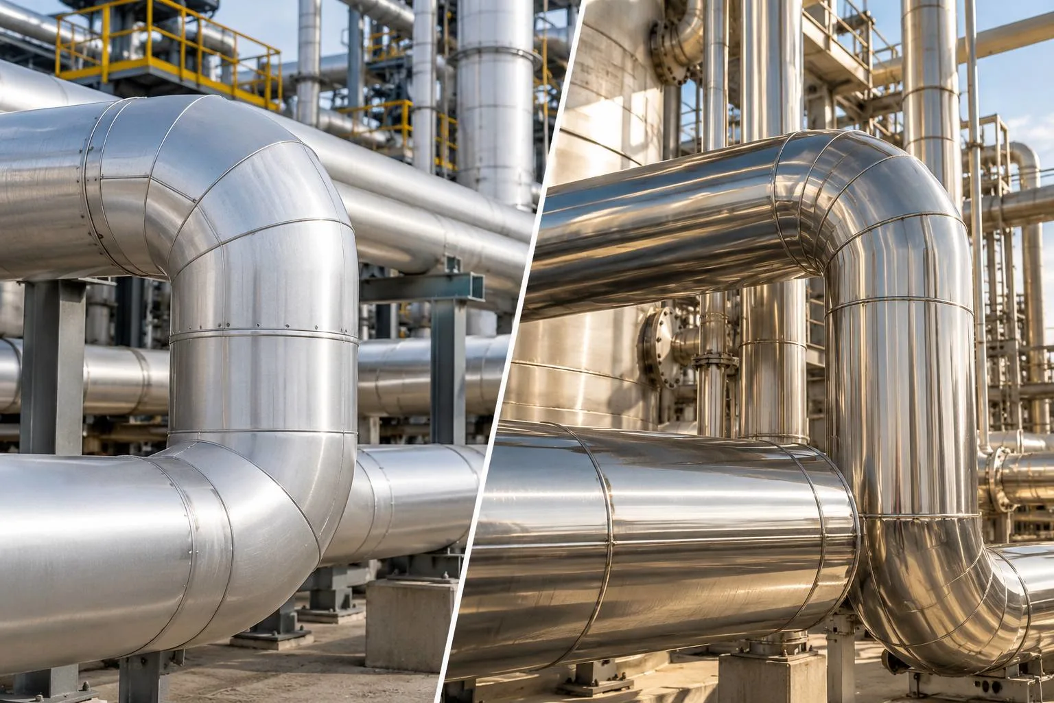 Side-by-side comparison of aluminium cladding (left) and polished stainless steel cladding (right) on insulated industrial pipework